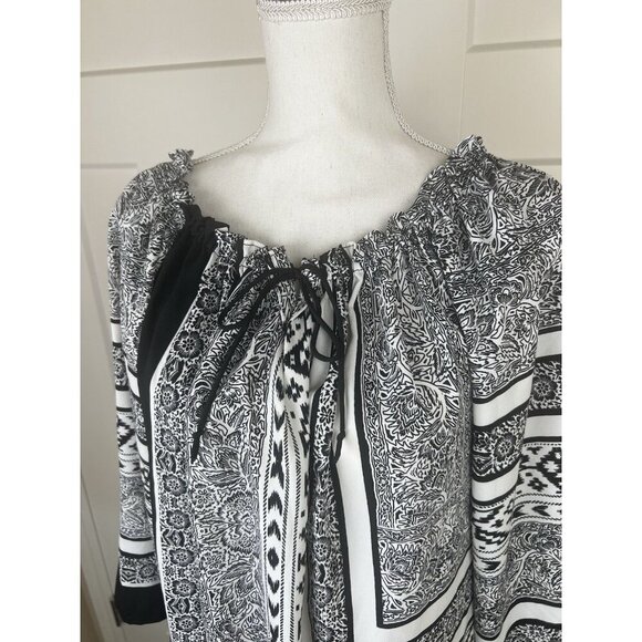 Chicos Sz 3 XL Bohemian Peasant Oversized Top Drawstring Ruffle Neck Black White - Picture 2 of 8